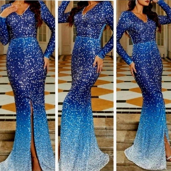 Blue, Tie Dye, Gradient Print, Long Sleeved,  V Neck,  Contrast Sequined Gown - Picture 1 of 16